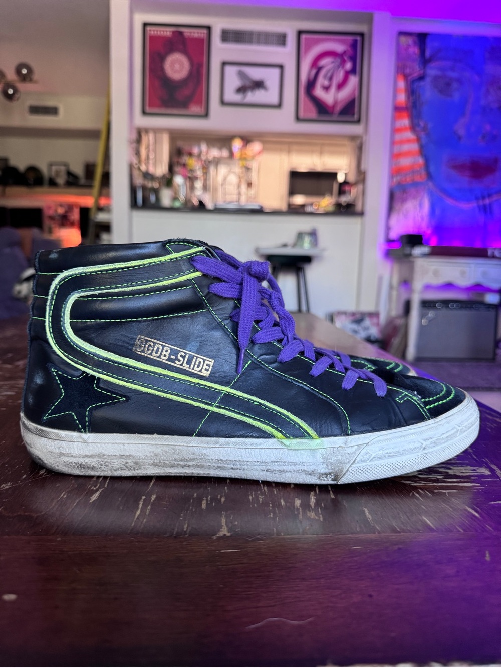 Golden Goose Slide Leather High-Top Sneaker in Black & Neon Green